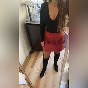 Express - Red Suede Mini Skirt With Fringe - Size Small